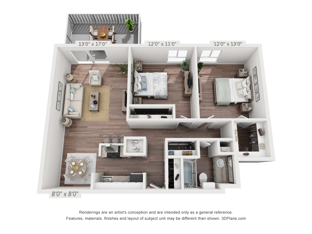 Floor plan for 2 beds, 1 bath, 965 sqft
